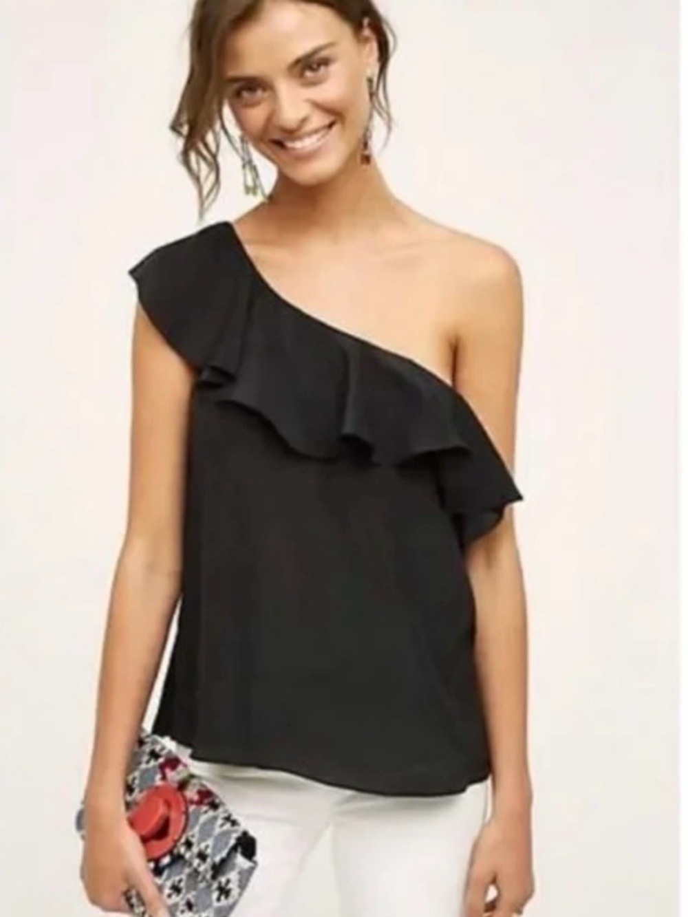 ANTHROPOLOGIE MAEVE SILK ASYMMETRICAL ONE SHOULDER RUFFLED TOP SIZE 12 BLACK